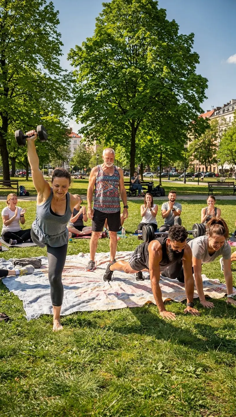 Grupa ludzi wykonujących ćwiczenia z wykorzystaniem piłek do jogi i sztang.