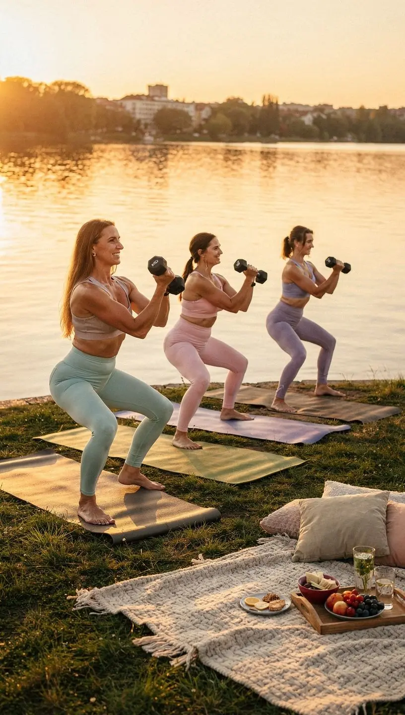 Wnętrze studia jogi z matami, hantlami i spokojną atmosferą do treningu.