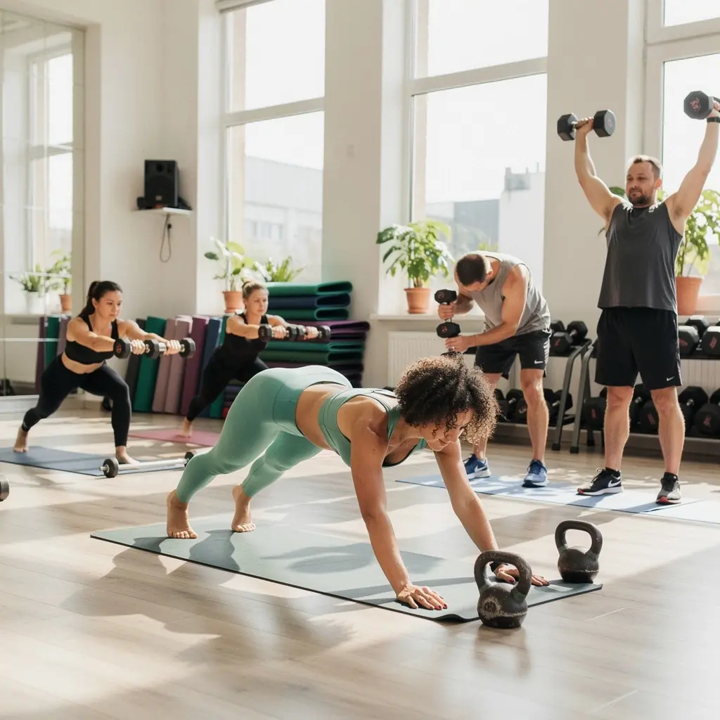 Kobieta wykonująca asanę jogi z ciężarkami w rękach na tle słonecznego krajobrazu.